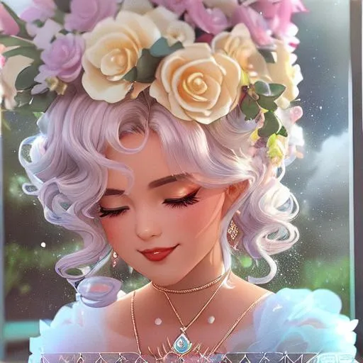 Prompt: Beautiful and sweet girl of warm glaze, wearing vaporous wedding dress, discrete make up, glowing up, large curly black marine blue hair, light sparkles, drapping, big lips, pink cheeks, translucid, unreal engine 8k octane, 3d lightning, stellar clouds, quartz and opal, gem rain, soft white skin, long wavy hair, nice smile, luminous chest, fantasy, silence