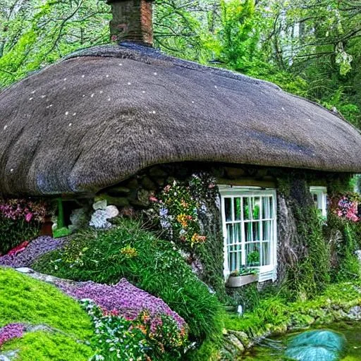 Prompt: A stone, moss covered cottage with a thatched roof on a dark forest path the windows are lit showing the great many flowers all around there is a small pond with fish jumping from the water to catch flies buzzing over the water in the style of Thomas Kincaid




 












