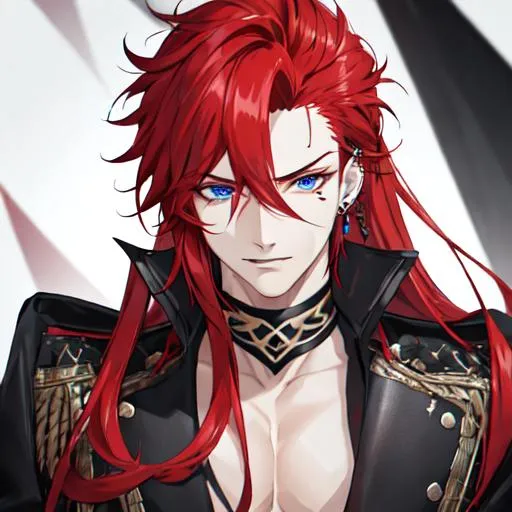 Prompt: Zerif 1male (Red side-swept hair falling between the eyes, sharp and sassy blue eyes), casual outfit,  Black piercings, highly detailed face, 8K, Insane detail, best quality, UHD, handsome, flirty, muscular, Highly detailed, insane detail, high quality. 