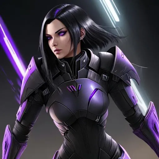 Prompt: A woman with {black} hair and {purple] eyes wearing armor {Mass effect vibe} 