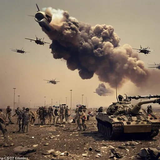 Prompt: an airport outside while its on fire and people fleeing and an airplane krashes to the ground and an heli passes by and soldiers help people to their truks and one of the soldier shoots the people,and then there was an massive tank shooting at the kars and then there wore airplanes bombing the airpoirt