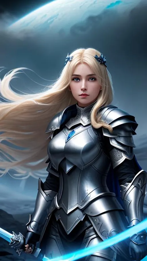 Prompt: a Caucasian woman with long blond-hair in silver crusader armor with a sword in the middle of a dark crater filled with glowing blue ice. the sky is dark and she is surrounded by glowing cyan mist. Behance hd,