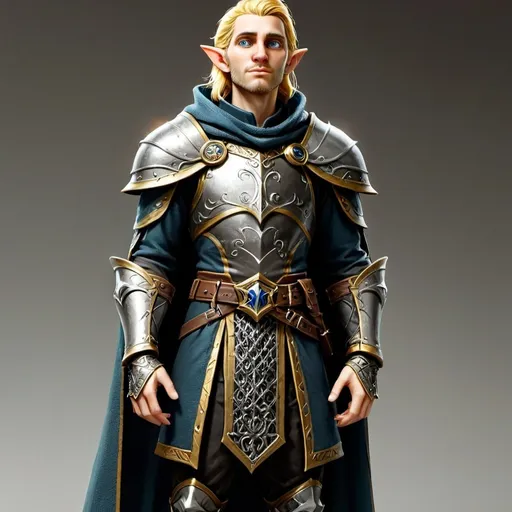 Prompt: Un homme à moitié elfe se dresse fièrement sur un fond noir éclatant, parée d'une armure argenté aux accents métalliques et dorés. Sa tenue se compose d'une cape distinctive drapant élégamment une épaule, tandis que des détails complexes, comme une cotte de mailles et un blason composés de trois croissant de lune sur son armure, soulignent sa stature de noble guerrier. Avec ses yeux bleus saisissants, ses cheveux blonds bien coiffés et de longs et épais favoris encadrant son visage, il tend une main vers l'avant, suggérant un appel à l'action ou une invitation. La composition globale allie une palette de couleurs vives à un style à la fois ludique et héroïque, typique du design de personnages animés.