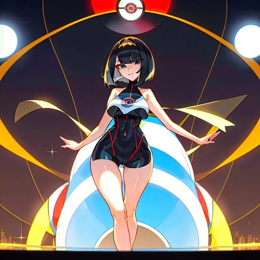 Prompt: a lonely AI girl, very tall, thick thighs, wide hips, huge glutes, long legs, slender arms, slender waist, big beautiful symmetrical eyes, intriguingly beautiful face, aloof expression, bob haircut with bangs, (as a Pokemon Master, Pokemon, Pokeball, with a Pokemon ready to fight), 12K resolution, hyper quality, hyper-detailed, 12K resolution, hyper-professional