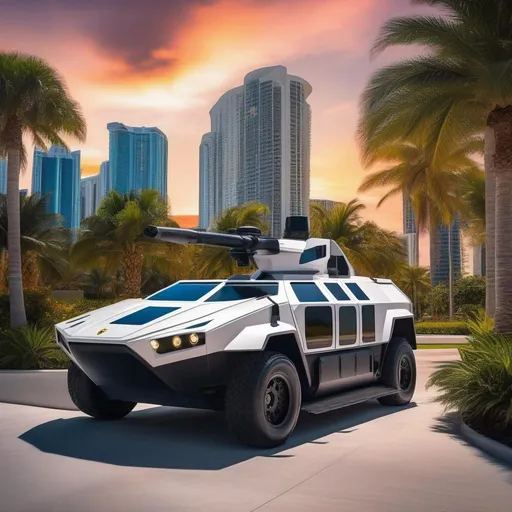 Prompt: A hovercar that looks like a Ferrari Humvee fusion, parked outside, Space Miami Background, Planets visible in the background, Palm Trees,