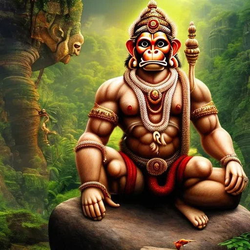 Prompt: Lord Hanuman with 3D look. sitting on rock in a middle of a jungle.