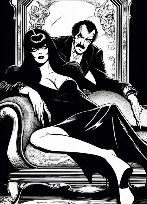 Prompt: (Elvira Mistress of the Dark lying on her side on a Chaise Lounge with Vincent Price with a pencil thin mustache), Black and White pen and ink sketch style, dark color scheme, elegantly gothic attire, intricate details, dim lighting, dramatic shadows, opulent background, luxurious textures, ornate furniture, deep reds and blacks, baroque patterns, solemn atmosphere, rich color tones, dark romanticism, ultra-detailed, 4K, photorealistic masterpiece, timeless elegance.