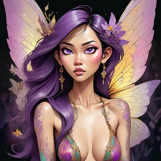 Prompt: vibrant inkpunk style photo of a full body bare breasted Thai woman with beautiful eyes with fairy wings made of Amethyst, she feeling pleasure, detailed narcissus poeticus, intricate detailed linework, intricate eye details, beautiful colors, high quality, detailed wings, elegant, intricate linework, vibrant colors, inviting pose, professional, atmospheric lighting