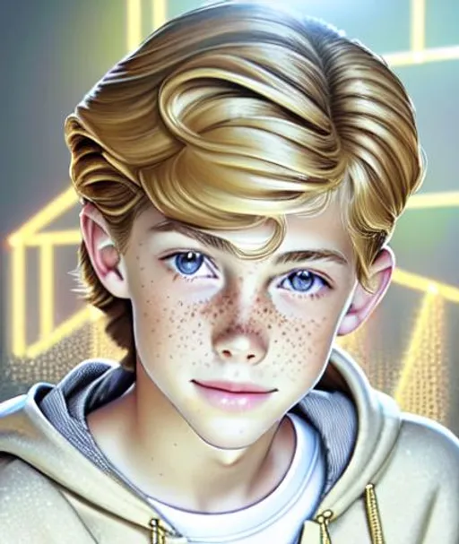 Prompt: Concept art, digital brush, Beautiful young teen boy, cole sprouse as kid (15 year old kid) soft hair ((hair covering eye))++, blonde hair boy, long straight hair, freckles, sharp gaze, blue eyes, happy eyes, innocent, boy model, 16 years old, hot, pretty, cute, hoodie zipper, cinematic lighting, blue sky, bright colors, blue, green, yellow, white,  luminous, hyperdetailed, great composition, professional, artstation award, (white background)++ 