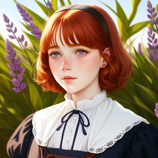 Prompt: Cute ginger puritan girl with freckles, detailed face, perfectly round pupils. by Waterhouse and Loish. Lavander fields background