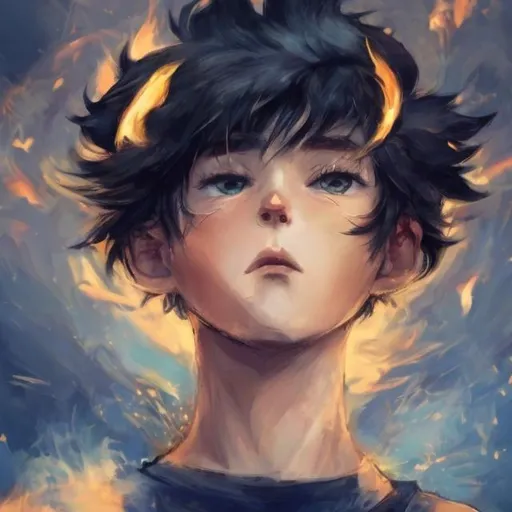 Prompt: anime style boy with a fire Laurel wreath looking up with tears leaving his eyes and burning, with a a scenario catching fire behind him