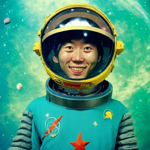Prompt: A Chinese teenager smiles full-length in a red spacesuit and a round helmet in space full of stars and asteroids.