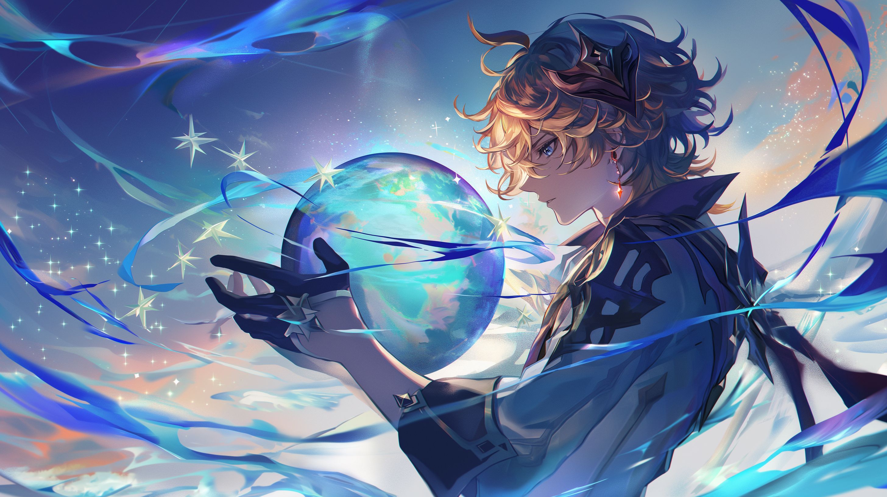 Prompt: Tartaglia from Genshin Impact, holding the entirety of the globe of Teyvat in his hands, looking down in wonder at it, the stars magically swirl around him, creation, blue water color brush strokes, childrens story book --ar 16:9 --niji 6