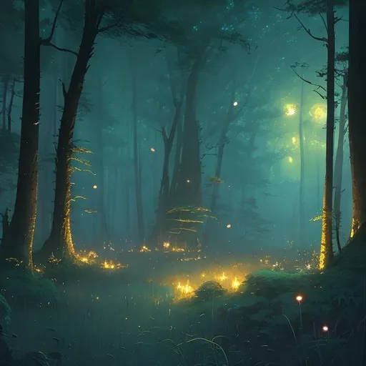 Prompt: forest with fireflies, fog, magical, night, dark, blue, by darek zabrocki and studio ghibli, artstation