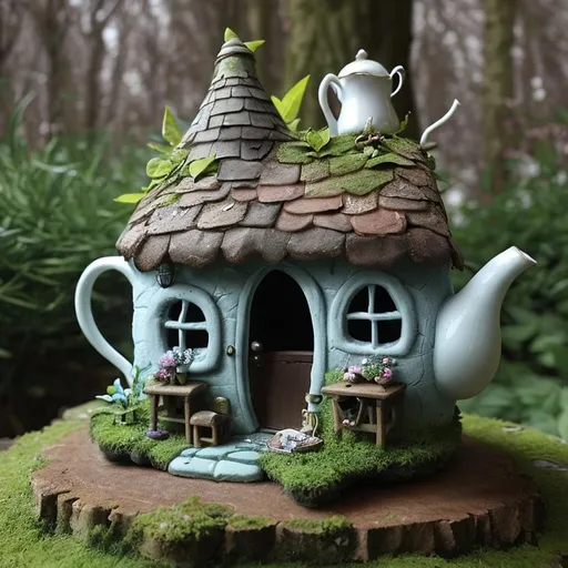 Prompt: A fairy cottage made of a  chipped teapot
