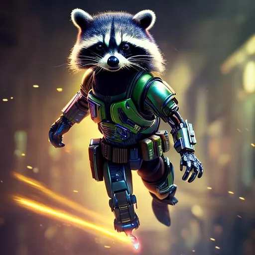 Prompt: small muscly rocket racoon, extreme detail, bionic, holographic, bounty hunter, action shot, angry, glow
