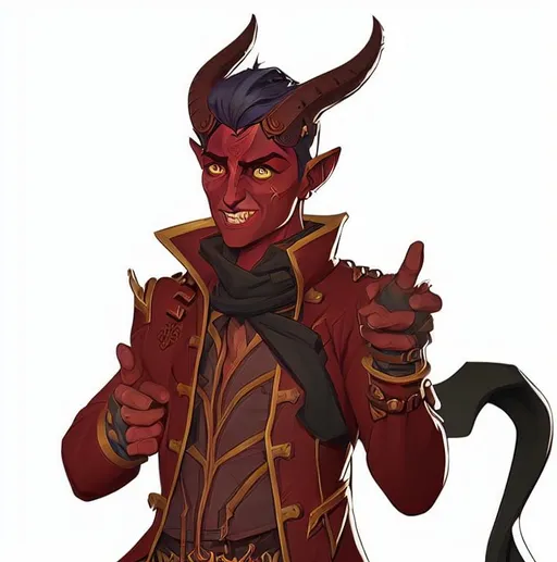 a male tiefling bard with red skin and black hair, d...