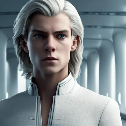 Prompt: attractive young french male, blonde long hair, grey eyes, thoughtful expression, simple tight white suit, futuristic spaceship bridge, portrait realistic details photorealistic,  8K render, cinematic lighting,   ultra detailed