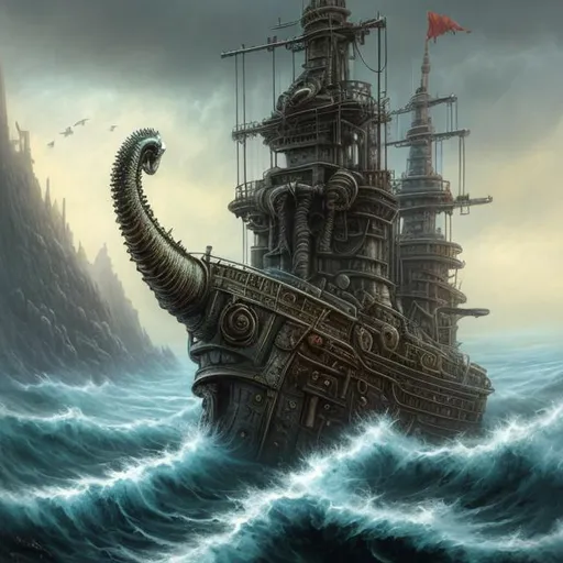 Prompt:  fantasy art style, painting, sea, smog, fog, deep ocean, Norse, Norse mythology, ancient, pirates, pirate ship, flags, H. R. Giger, waves, mist, naval ship, utopia, warship, middle eastern, biological mechanical war machine, war machine, pipes, warship, snakes, serpents, eels, tentacles, octopus, jellyfish, giant ship, squid, glowing, bioluminescence, bioluminescent 