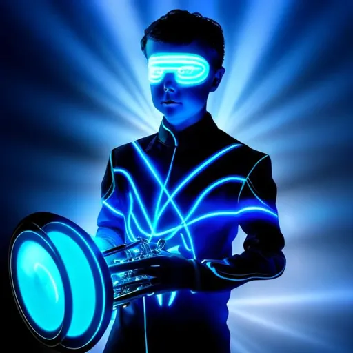 Prompt: Tron futueristic man playing mellophone in black with glowing blue acsents