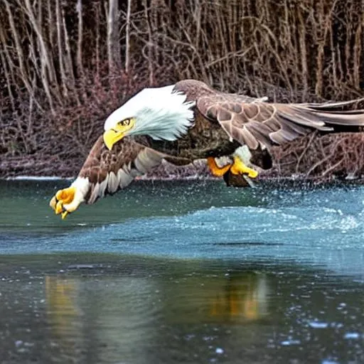 Prompt: A bald Eagle diving into a crystal blue river in search of her prey during the middle of winter 
