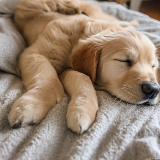 Prompt: Buddy the golden retriever puppy sleeping I. His bed under the covers 