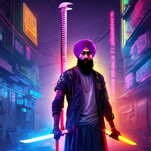 Prompt: Sikh with sword in  cyberpunk neon light art