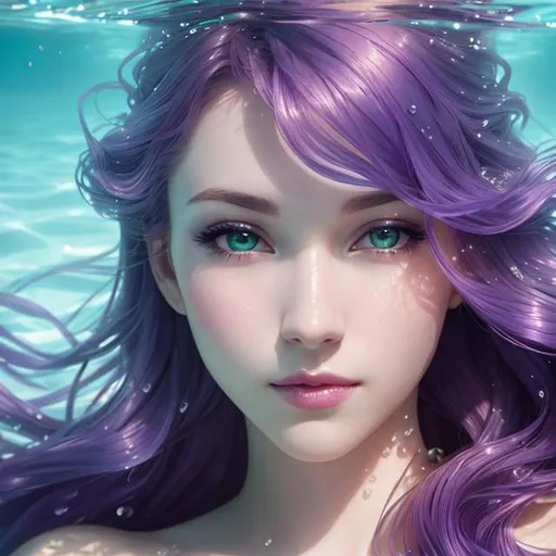 Prompt: a beautiful mermaid with pale skin and purple flowing hair is swimming under the sea,  4k,  facial closeup




