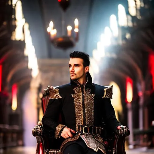 Prompt: {{{(Evil Male Vampire)!!!, sitting on a throne, in a castle, Drinking Blood, Knights at the ready}}}, Professional photography, bokeh, Nighttime lighting, canon lens, shot on dslr 64 megapixels sharp focus, photorealistic, Intricately Designed, Hyperrealistic, Ultra Detail, Male, Sinister, Savage, Bloody, Violent, Midnight, Fangs
