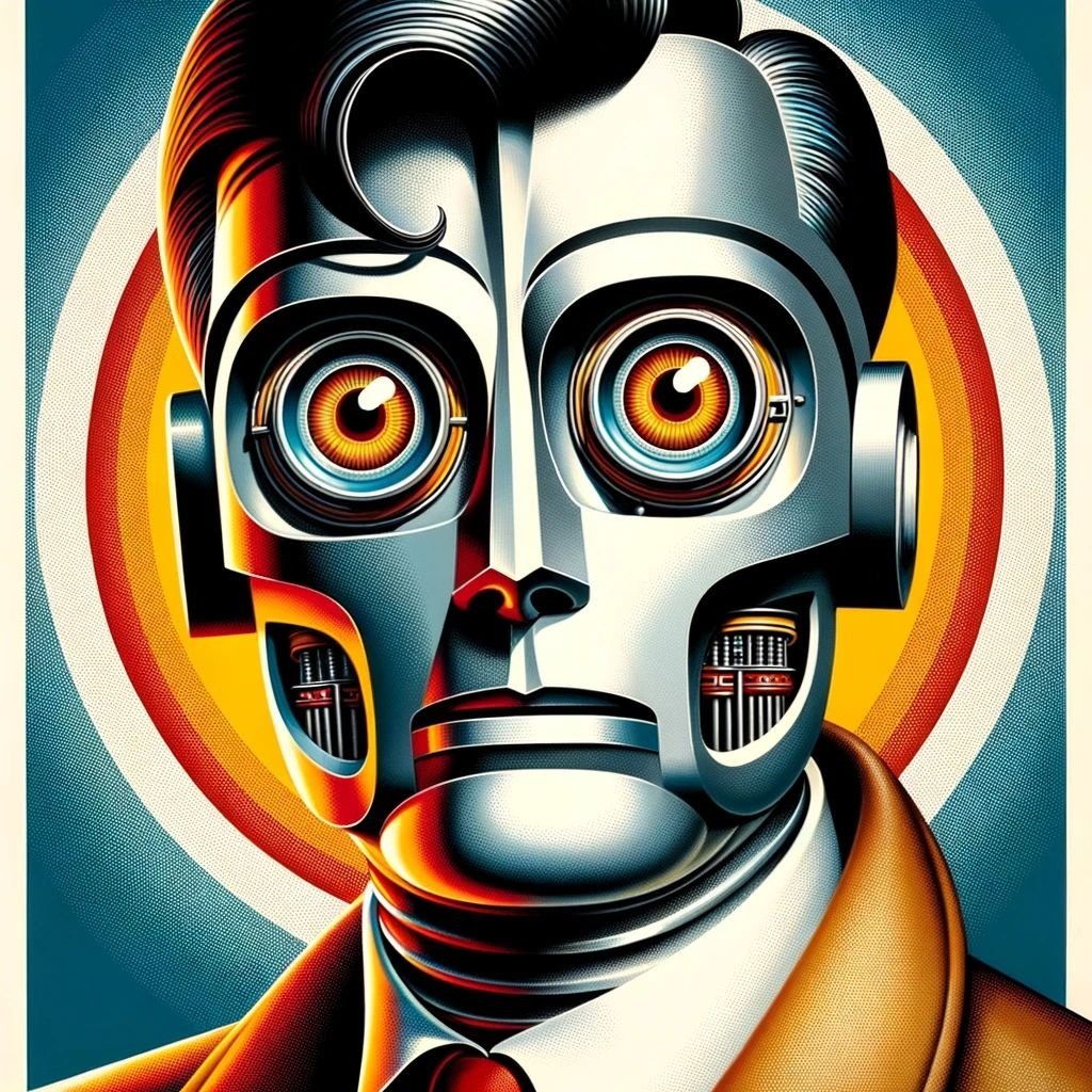 Prompt: ian brown's robot poster by m sp, in the style of mid-century illustration, precisionist art, dynamic color-field, oil on panel, shiny eyes, detailed character design, strong facial expression
