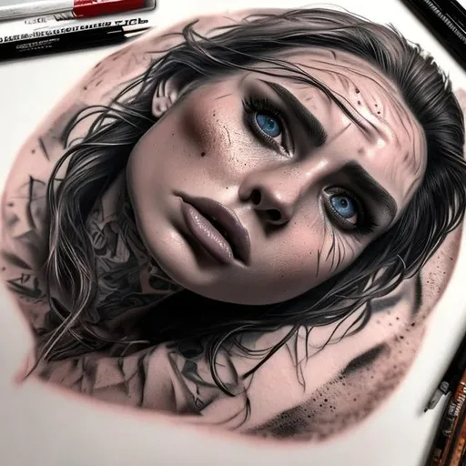 Prompt: (masterpiece) (hyper realistic) (8K) (detailed photography) instagram able, centered, extremely detailed face, extremely detailed eyes, extremely detailed clothes, an artist, show me a woman draw style, tattooed body, clean face.