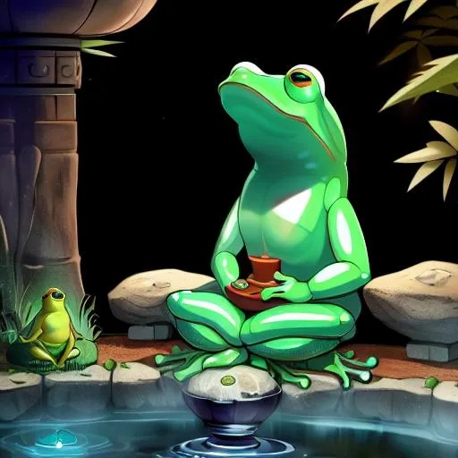 Prompt: The humanoid frog at the bottom of an ancient well sits while meditating and absorbing the spiritual aura that surrounds him