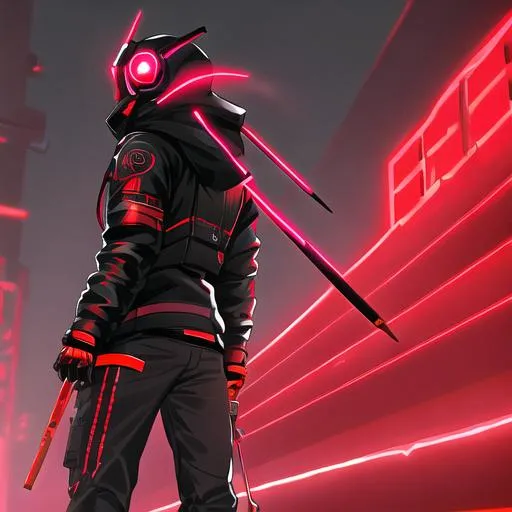 Prompt: Male character, black but red neon gas mask, cyber netrunner hood (black but neon red), neon red Sword In its Back, Red Mecha Cyber Jacket, black jeans, red shoes