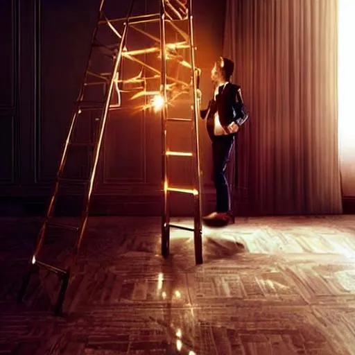 Prompt: A golden room with lighting and a ladder with young man facing backwards, luxurious and beautiful and glamour 