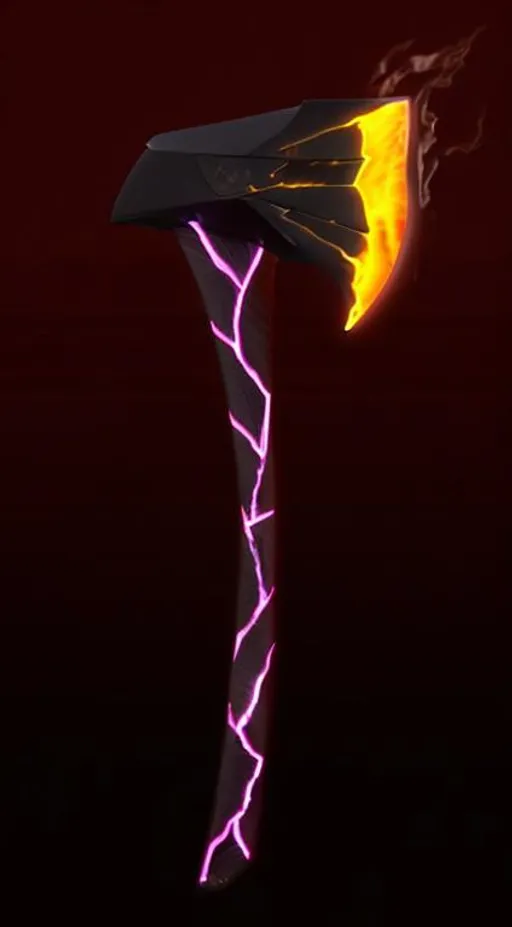Prompt: An ax with a black blade that catches fire at its tip as if it were lava on a handle made of a black substance with cracks of purple energy running through it