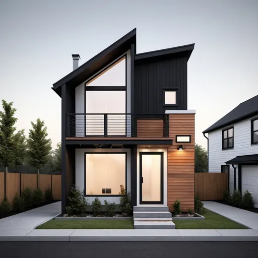 Prompt: Tiny modern small house, narrow house, contrast accent, front gable end, highres, detailed, photo-realistic, bright contrast, conceptual art, realistic lighting, misc-architectural, detailed architecture, narrow design, modern, small scale, front gable, bright and realistic, high-quality, unique concept