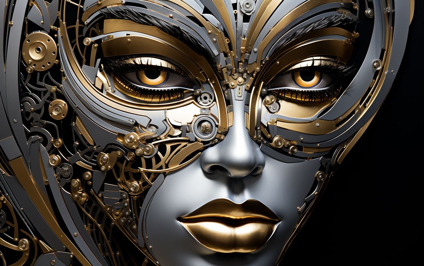 Prompt: stylized psychedelic face of a woman in black, in the style of light silver and light gold, noir comic art, hyperrealistic murals, dc comics, mechanical designs, charming realism, chicano-inspired