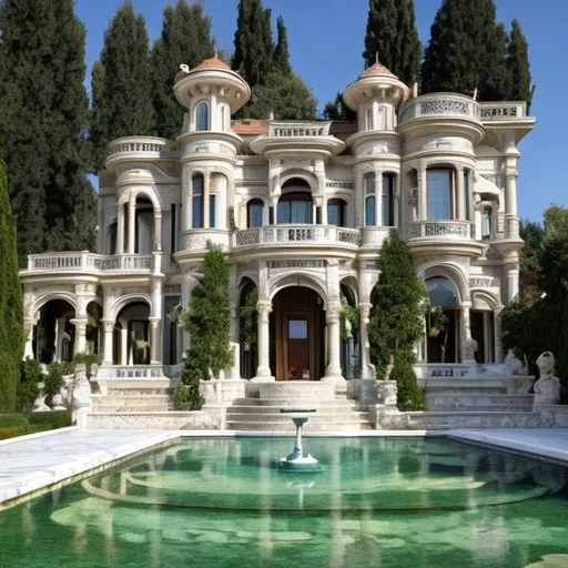 Prompt: A giant villa in white marble, all in art nouveau style, a garden with a fountain in the front. 