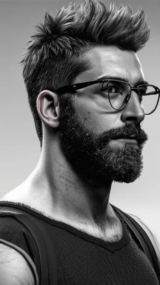 Prompt: beautiful adult college guy, hairy chest, pubic hair, wearing clear glasses, facial hair, military crew cut, in tight outfit, outside on track field, ((slim, muscular)), photorealistic, photo, masterpiece, realistic, realism, photorealism, high contrast, photorealistic digital art trending on Artstation 8k HD high definition detailed realistic, detailed, skin texture, hyper detailed, realistic skin texture, armature, best quality, ultra high res, (photorealistic:1.4),, high resolution, detailed, raw photo, sharp re, by lee jeffries nikon d850 film stock photograph 4 kodak portra 400 camera f1.6 lens rich colors hyper realistic lifelike texture dramatic lighting unrealengine trending on artstation cinestill 800