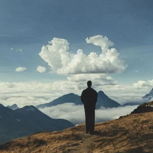 Prompt: Man looking over mountains at a high peak with clouds, modernist.