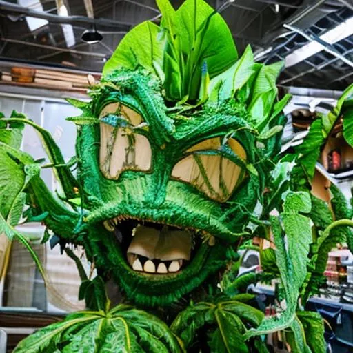 Prompt: GIANT GREEN Plant that has a HUGE  trap as a mouth and inside is blue mouth with a blue tounge; With multuple Sharp teeth; vines and leaves in the air, little shop of horrors