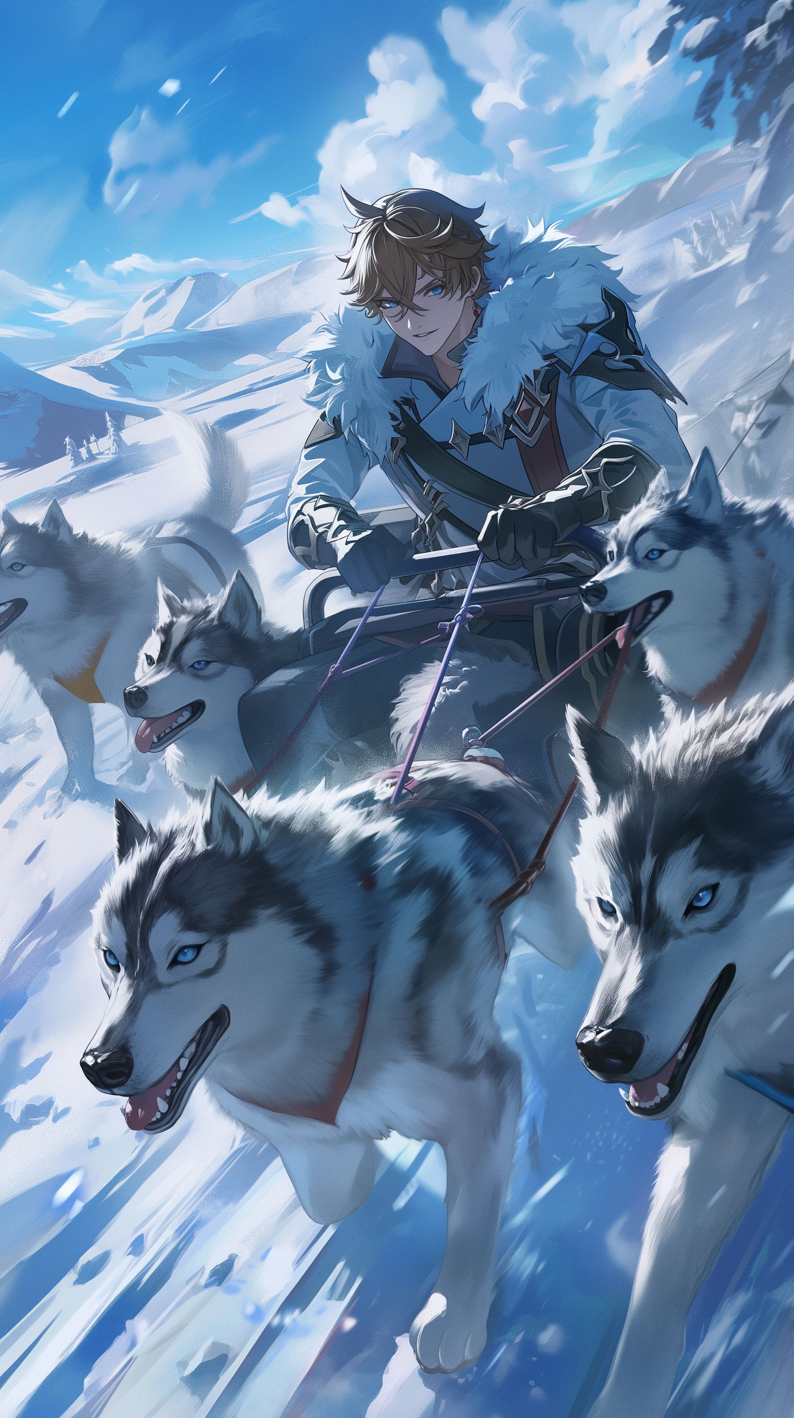 Prompt: Tartaglia from Genshin Impact on a dog sled behind a team of huskies, in a warmly dressed white fur Harbinger coat, racing threw a blisteringly cold storm in the harsh winters of russia, quality digital painting with artistic strokes and vibrant blues and greys --ar 9:16 --niji 6