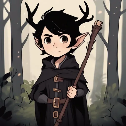 Prompt: dnd a cute male half-elf warlock with short messy black hair and small antlers wearing a long black coat holding a wooden staff in a dark forest