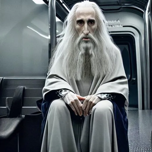 Prompt: photo of saruman sitting in a metro, facing camera, photography, ultra details