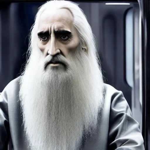 Prompt: photo of saruman sitting in a metro, facing camera, photography, ultra details