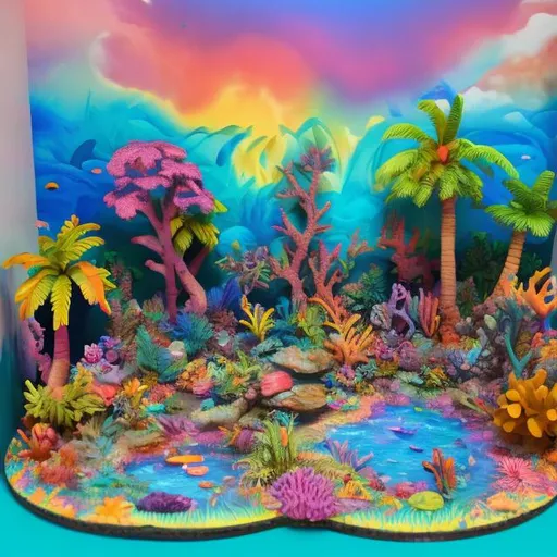 Prompt: Coral reef diorama in the style of Lisa frank