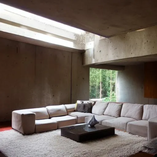 Prompt: brutalist architecture living room. with lots of natural light