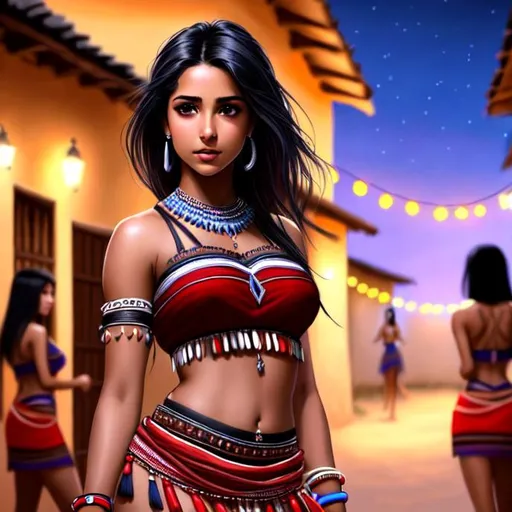 Prompt: Naomi Scott, 20 years old, dancing in a group in outdoor village, wearing tribal cueitl, parted bangs, black hair with highlights, brown eyes, ethereal, jewelry set balayage at night, royal vibe, highly detailed, digital painting, Trending on artstation ,tan skin, HD quality, Big Eyes,artgerm, by Ilya Kuvshinov 