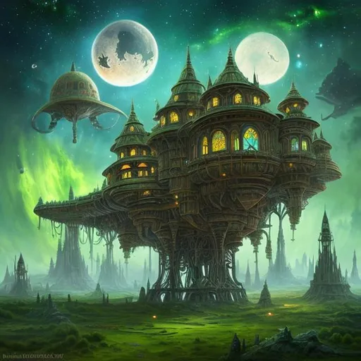 Prompt: fantasy art style, outer space, cosmic, floating house, large house, green house, green windows, green lights, house on stilts, floating house, plane, planes, blimp, flying, floating, drone, spacecraft, spaceship, tall, giant, tower, towers, wings, engines, fans, aircraft, green boat, warship, naval ship, aliens, future, futuristic, flying, space travel