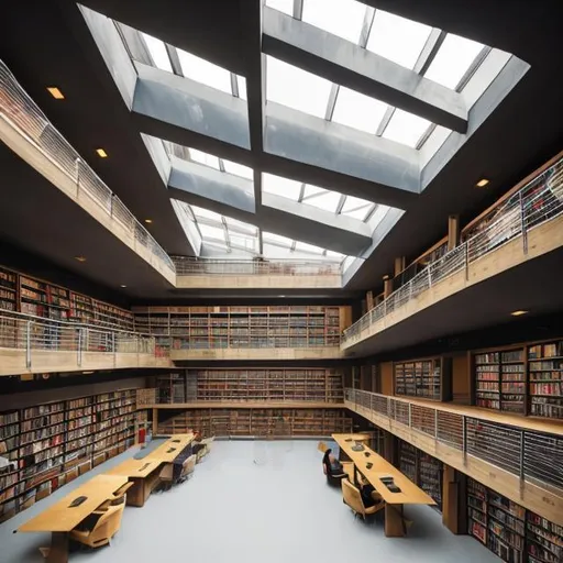 Prompt: a large multi story library filled with books and with brutalist architecture and lots of skylights